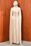 Beige Stone Embroidered Corseted Pleated Evening Dress - 5