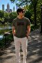 Men's Printed Crew Neck Khaki Loose T-Shirt