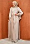 Stone-Embellished Front and Gathered Collar Evening Dress with Stones - 3