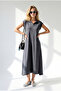 Women's Smoked Polo Collar Pocketed Modal Buttoned Flowy Dress Elb-19002667