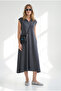 Women's Smoked Polo Collar Pocketed Modal Buttoned Flowy Dress Elb-19002667 - 4