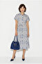 Women's Navy Blue 100% Linen Embossed Patterned Elastic Waist Belted Midi Dress 6788 60286415 - 2