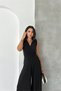 Women's Black Double-Breasted Collar Sleeveless Fitted Waist Wide-Leg Long Jumpsuit Nbk4675 - 4
