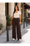 Women's Coffee Color Double Belt Detailed High Waist Comfortable Wide Leg Palazzo Trousers - 7