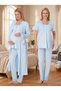 New Season Blue Summer Scallop Linen Detailed Buttoned Design Short Sleeve 100% Cotton Maternity Maternity Dressing Gown Pajama Set - 5