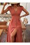 Women's Short Sleeve V-Neck Front Buttoned Midi Woven Viscose Dress
