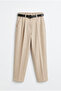 Women's Slim Fit Elastic Waist Pleated Belted Carrot Cut Fabric Trousers El-9041