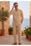 Beige Flared Linen Hakim Collar Breathable Shirt Elastic Waist 3 Pockets Comfortable Seasonal Trousers Set of 2 - 5