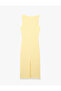 Slim Fit Wrinkled Fabric Drawstring Detailed Sleeveless Crew Neck Long Dress - 2