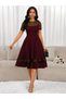 Women's Short Sleeve Crew Neck Polka Dot Tulle Detailed Midi Janjan Crepe Dress - 2