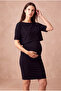 Maternity Black Cotton Boat Neck Half Sleeve Cape Double Layer Breastfeeding Dress Melanie