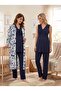New Season Navy Blue Patterned Design with Breastfeeding Feature, Wide Straps, Lace Detail, Maternity Pajama Set - 5