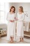New Season Ecru Stylish Lace Detailed Design with Easy Breastfeeding Feature Long Sleeve 100% Cotton Maternity Nightgown Set - 6