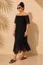 Women's Black Plus Size Madonna Collar Flounce Detailed Lined Chiffon Midi Dress - 3