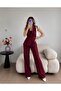 Burgundy Waist-Cinched Pleated Vest Pants Blazer Suit