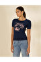 Women Navy Printed Rib T-Shirt