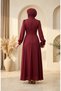 Satin Fabric Hijab Evening Dress with Brooch on the Waist 5811-06 Claret Red - 5