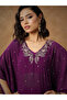 Purple Embroidered Kaftan And Wide Leg Pants Set - 4