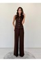 Sofia Linen Brown Palazzo Suit with Six Buttons and Floral Button Detail - 5