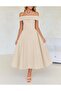 Beige Galadriel Madonna Collar Double Fabric Flared Midi Dress Tns-9003 - 5