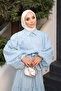 Baby Blue Balloon Sleeve Belted Striped Dress - 2