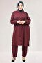 67063 Plus Size Jacquard Strawberry Pants Suit with Side Slit Detail - Burgundy - 5