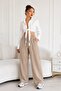Women's Beige Muslin Wide-Legged Trousers with Pockets, Elastic Waist, Lace-Up, Comfortable Fit Pants - 5