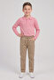 Boy's Pink Long Sleeve Polo Collar T-Shirt Beige Ribbed Waist Canvas School Pants Bottom - Top Set School Outfit