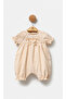 Linen Floral Embroidered Baby Girl Jumpsuit with Elastic Cuffs