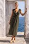 Khaki Double-Breasted Collar Sleeveless Robe with Elastic Shoulder Gathering Casual Muslin Long Woven Dress 120 52 - 7