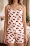 Women's White Bear and Heart Patterned Strappy Shorts Pajama Set - Cotton Comfortable Sleepwear - 2