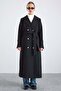 Metal Buttoned Double-Breasted Long Coat Black 3167 - 3