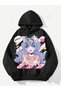 Women's Black Anime Girl Printed 3 Thread Hooded Hoodie Sweatshirt