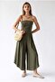 4955 Women's Strapless Asymmetrical Side Slit Wide Leg Jumpsuit Khaki - 3