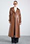 Leather Trench Coat with Cape Detail and Snap Closure Taba 6875 - 6