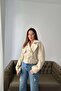 Women's Beige Short Biker Coat with Eyelet Texture, Zipper and Belted Collar