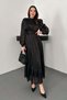 Women's Black Judge Collar Buttoned Waist Gathered Balloon Sleeve Lined Midi Dress - 2