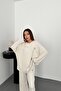 Women's Ecru Sweatshirt-Pants Set Ribbed Textured Oversized Crew Neck Sweatshirt and Wide Leg Pants - 3