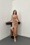 Women's Mink Strap Satin V-Neck Button Detailed Slit Long Evening Dress