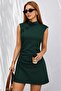 Women's Sleeveless High Collar Lace-Up Gathered Waist Short Imported Crepe Dress - 4