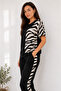 Women's Short Sleeve Crew Neck Zebra Pattern Detailed Casual Blouse Trousers Two-Piece Set