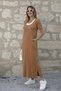 Women's Coffee Color Short Sleeve Pocketed Slit Decorated Crew Neck Combed Cotton Maxi Long Dress - 3