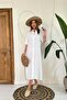Women's White Linen Shirt Collar Buttoned Short Sleeve Midi Plain Woven Dress - 2