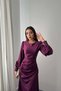 Women's Purple Satin Dress Long Sleeve Side Gathered Slit Maxi Event Dress - 3