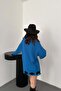 Women's Blue Laser Cut Detailed Crew Neck Oversize Long Sleeve Blouse - 4