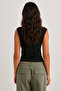 Women's Cross Button Detailed Asymmetrical High Neck Sleeveless Stretchy Crop Blouse - 3