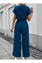 Women's Short Sleeve Round Neck Aerobin Jumpsuit with Elastic Waist and Pockets - 3
