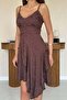 Women's Coffee Strap V-Neck Jacquard Asymmetrical Hem Mini Dress - 4