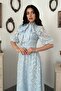 Women's Blue Bow Tie Scarf Collar Balloon Sleeve Lined Floral Patterned Midi Dress - 3