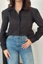Women's Black Poplin Shirt with Peto Detail, Pocketed Shirt Collar, Long Sleeves, Buttoned - 3